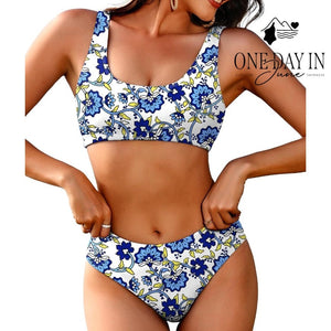 Aimage NWT Floral Crop Bikini Swimsuit Blue White High Waist 2 Piece Size M