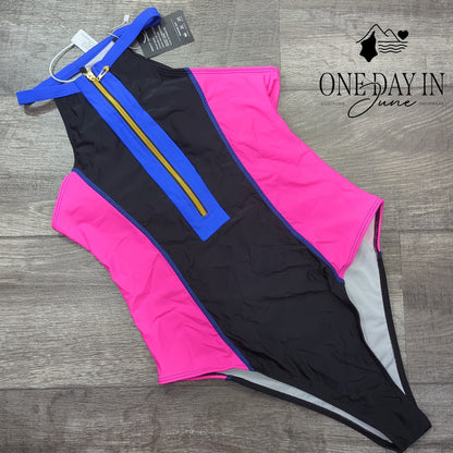 Bikinx High Neck Zip Front Cheeky One Piece Swimsuit Colorblock NWT Size M