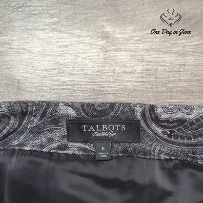 Talbots Wrap Mini Skirt Black Gray Paisley Print Lined Size 6