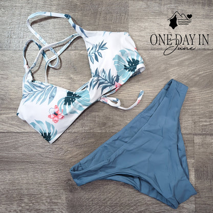 CharmLeaks Lace Up Back Floral Bikini Swimsuit Size S