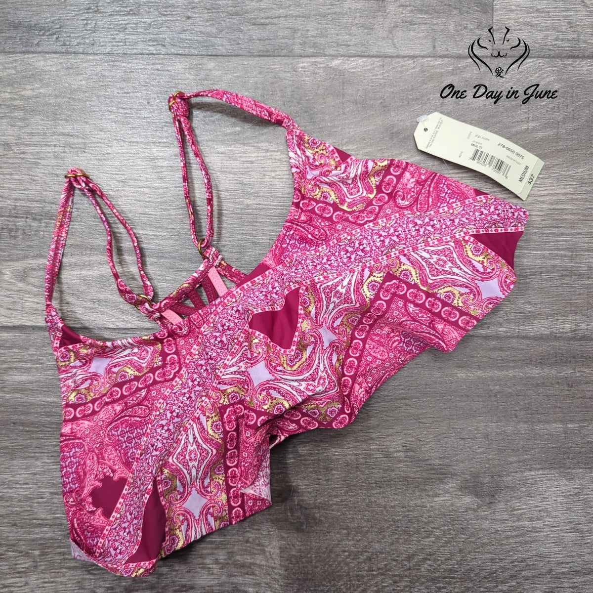 Arizona Jean Co. Juniors Paisley Ruffle Cage Back Bikini Top Pink NWT Size M