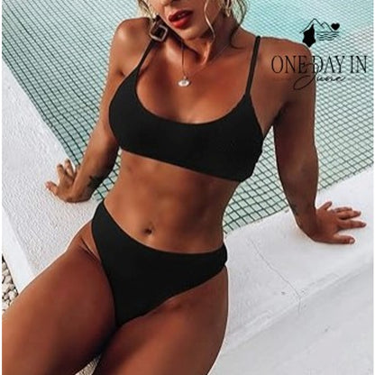 Soly Hux Black Smocked Textured Crop Bikini 2 Piece Swimsuit NWT Size XS