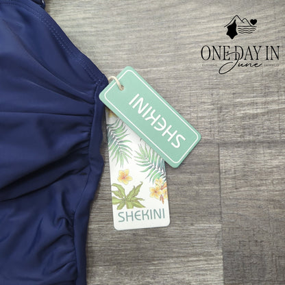 Shekini Cross Front Ruched Boyshort Swimdress One Piece Swimsuit Navy NWT Size M