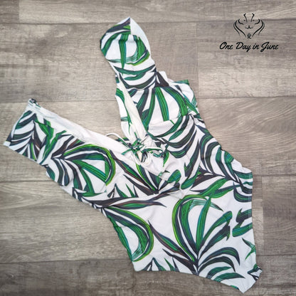 Sporlike Ruffle V Neck One Piece Swimsuit Green Tropical Leaf NWT Size L