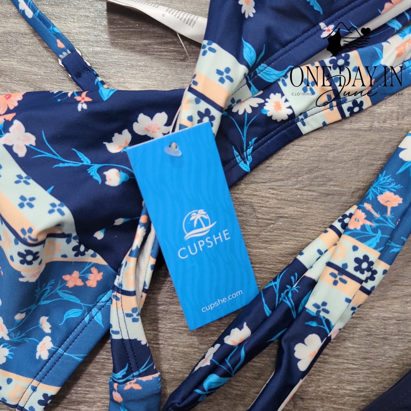 Cupshe Cross Front Wrap Bikini Navy Floral High Waist 2 Piece NWT Size S