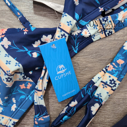 Cupshe Cross Front Wrap Bikini Navy Floral High Waist 2 Piece NWT Size S
