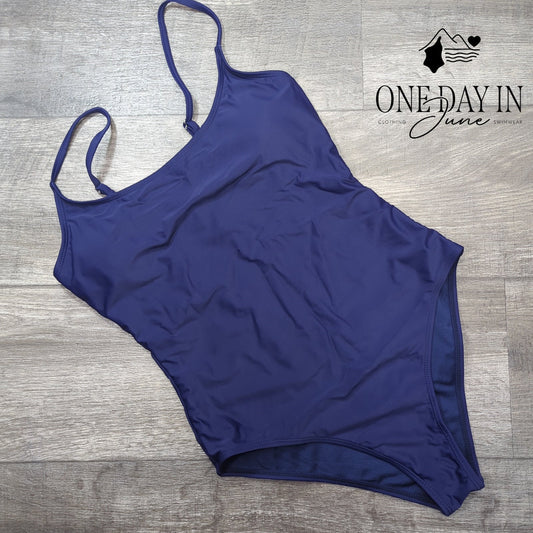 Adisputent Moderate One Piece Swimsuit Navy Blue Scoop Neck Size M