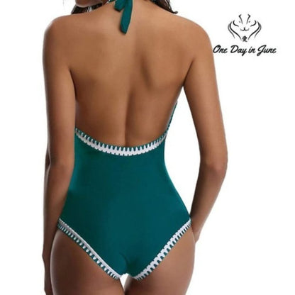 Tempt Me Vintage Deep V Neck Halter Backless Monokini Size L