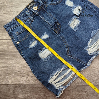 Denim Club Distressed Ripped Denim Mini Skirt Blue Frayed Hem NWT Size 6