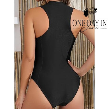 Charmo Hight Neck Zip Front One Piece Swimsuit Size M