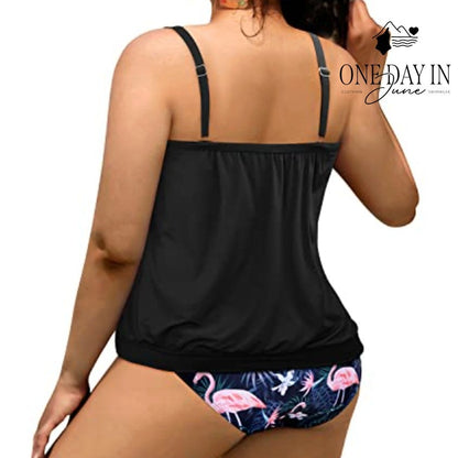 Yonique Blouson Tankini Swimsuit Black Flamingo Print NWT Size L