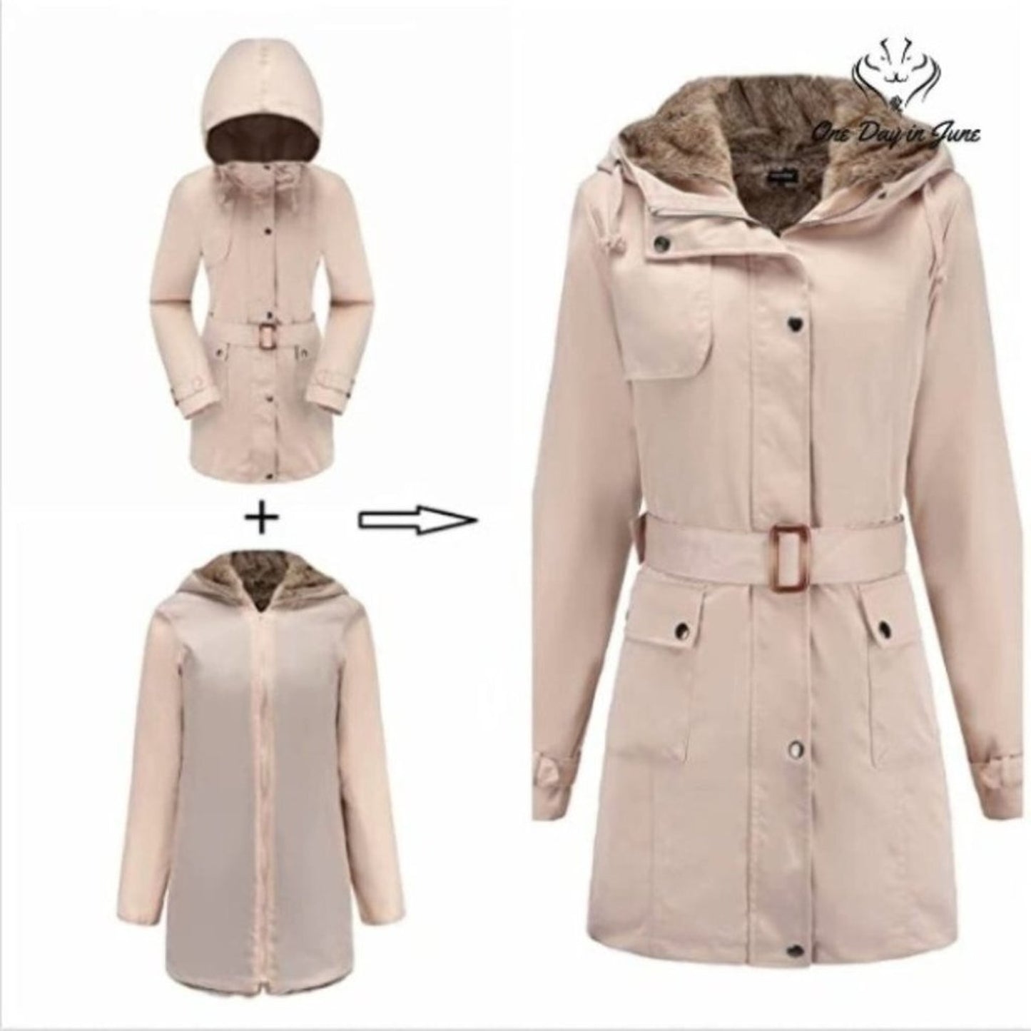 Beinia Valuker Winter Trench Coat with Detachable Fur Lined Hood Size L
