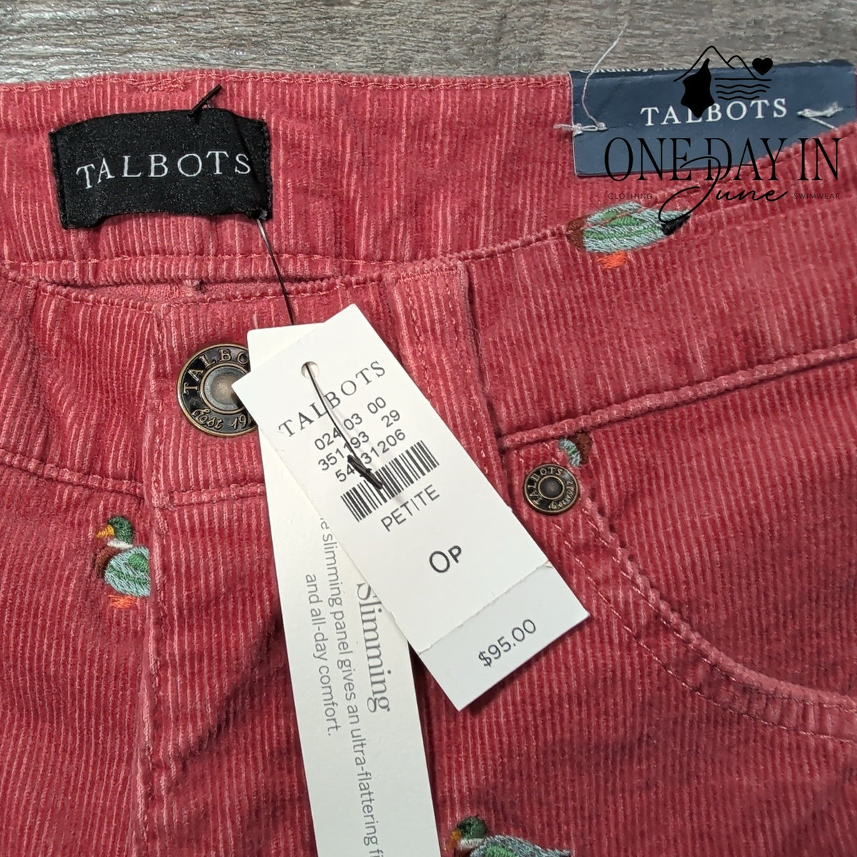 Talbots Petite Corduroy Straight Leg Pants Pink Embroidered Ducks NWT Size 0P