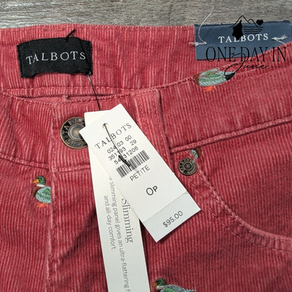 Talbots Petite Corduroy Straight Leg Pants Pink Embroidered Ducks NWT Size 0P