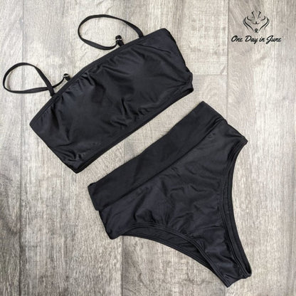 Pink Queen Cheeky High Waist Bikini Swimsuit Black Bandeau NWT Size S