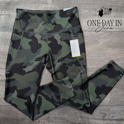 Old Navy Elevate PowerSoft Leggings Green Camo High Rise 7/8 Pockets NWT Size L