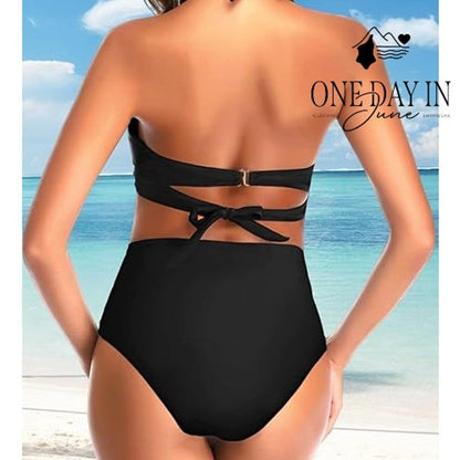Tempt Me Twist Front Halter High Waisted Bikini Swimsuit Black NWT Size S
