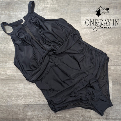 Aqua Eve Plus Size High Neck Mesh Ruched One Piece Swimsuit Black NWT Size 14W