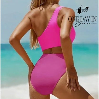 Yonique One Shoulder Cutout One Piece Swimsuit Hot Pink Colorblock NWT Size M