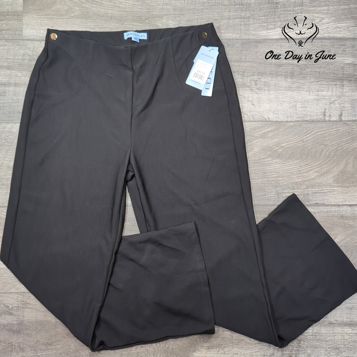 Aerosoles Wide Leg Pull On Dress Pants Black Gold Button NWT $99.99 Size XL