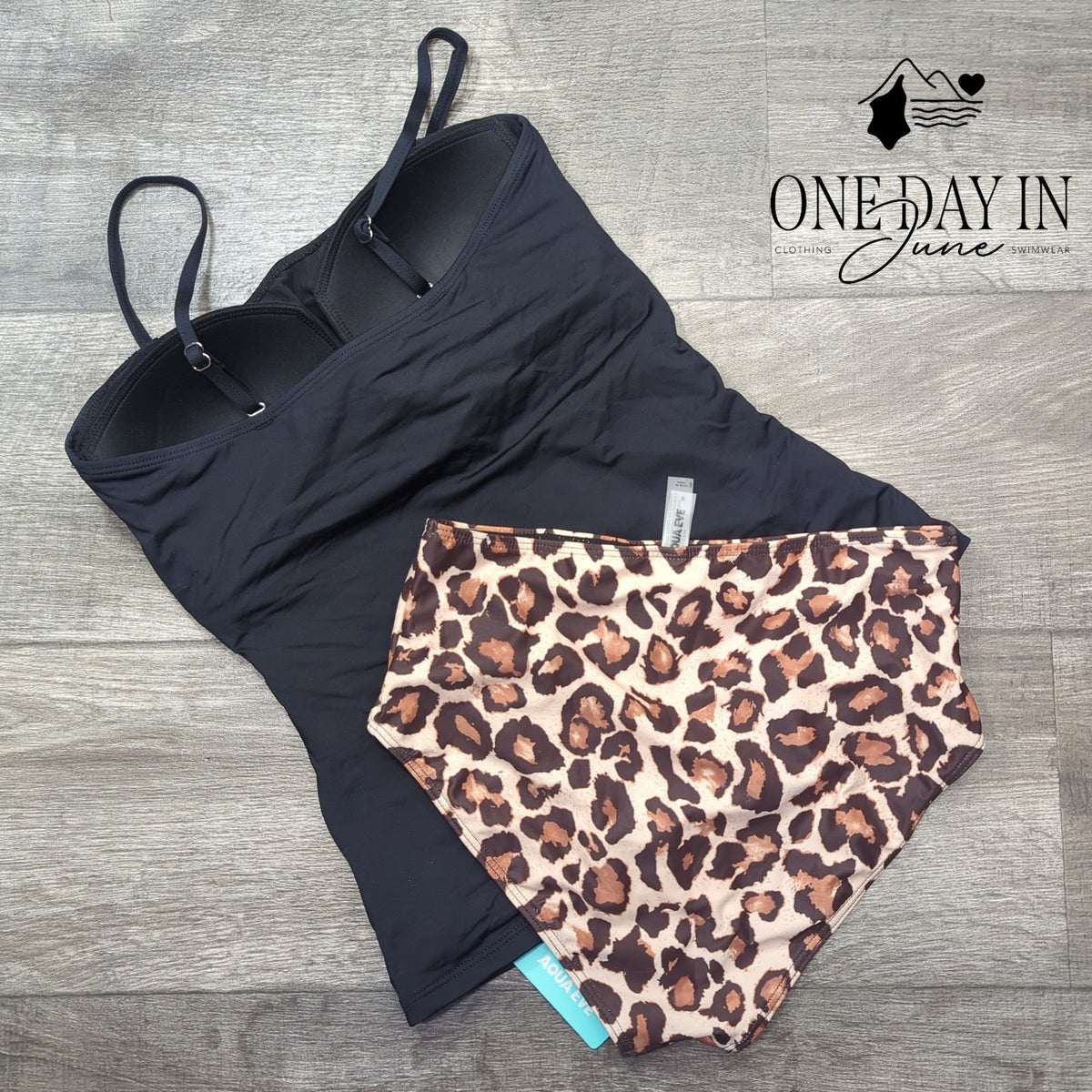 Aqua Eve Bandeau Tankini Swimsuit Black Leopard Print Ruched NWT Size S