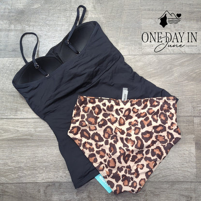 Aqua Eve Bandeau Tankini Swimsuit Black Leopard Print Ruched NWT Size S