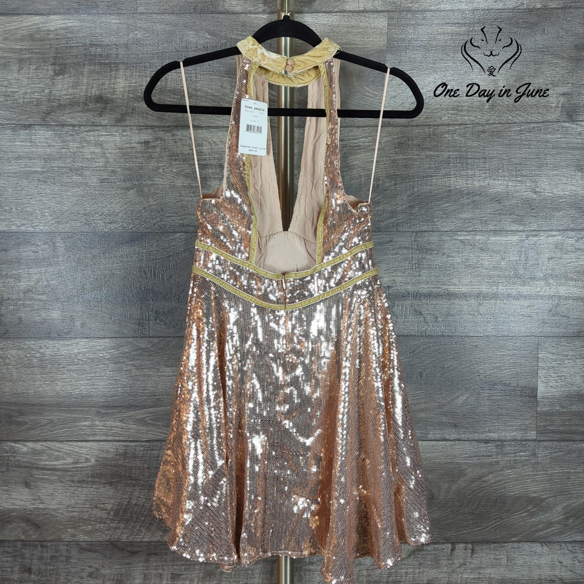 Free People Film Noir Sequin Halter Mini Dress Rose Gold Open Back NWT Size 2