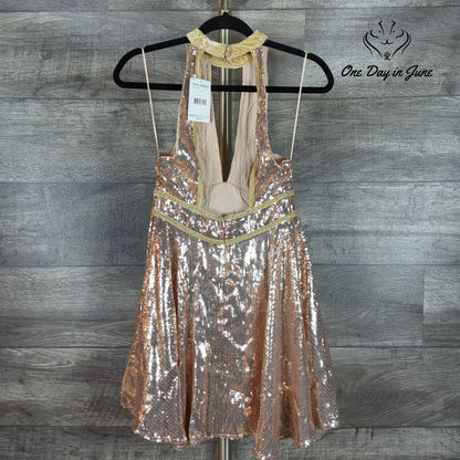 Free People Film Noir Sequin Halter Mini Dress Rose Gold Open Back NWT Size 2