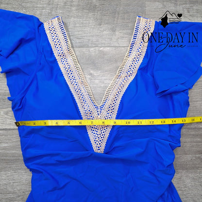 Blooming Jelly V Neck Crochet Ruffle Shoulder One Piece Swimsuit Blue Size XL