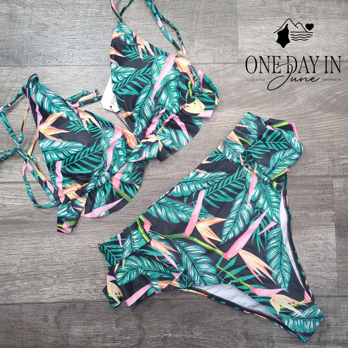 Sporlike Tropical Ruffle Triangle High Waist Bikini Swimsuit NWT Size L