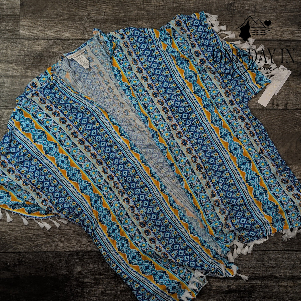 La Blanca Scarf City Kimono Swim Cover Up Blue Tassel Resortwear NWT Size OS