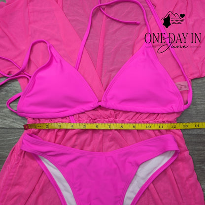 Adisputent 3 Piece Triangle Bikini Swimsuit Mesh Cover Up Hot Pink Size S