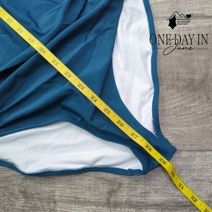 Aleumdr Cross Front Halter One Piece Swimsuit Teal Blue Ruched Size M