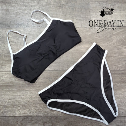 Suuksess Crop Bikini Swimsuit Black White Contrast Trim 2 Piece Size M