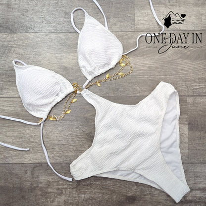 Adisputent White Gold Chain Monokini One Piece Swimsuit Cutout Size XL