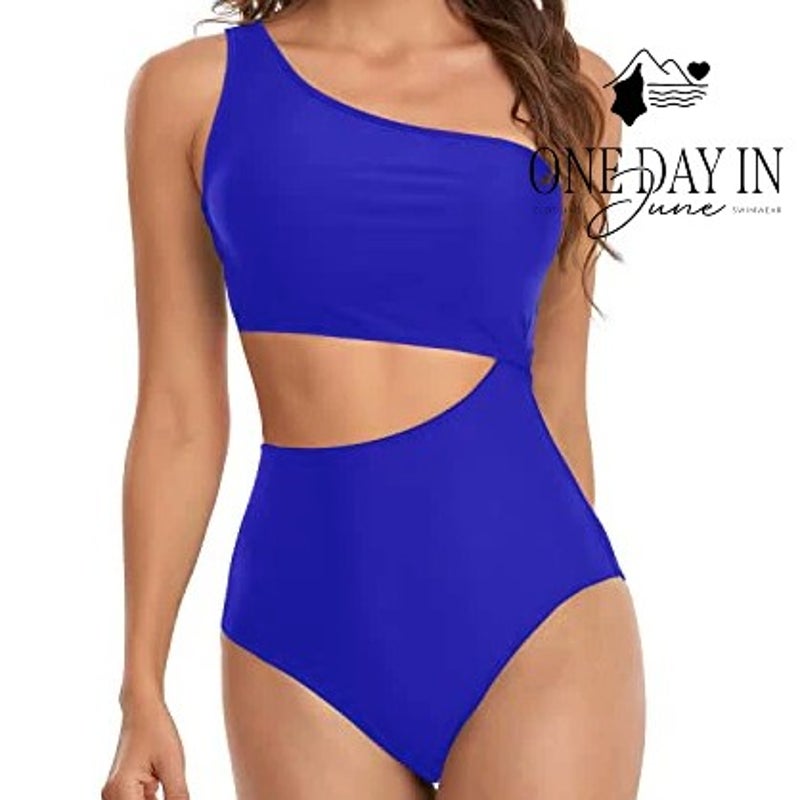 Yonique One Shoulder Cutout One Piece Swimsuit Royal Blue NWT Size M