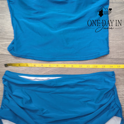 Eomenie Ruffle Shoulder High Waist Bikini Swimsuit Teal Blue NWT Size L