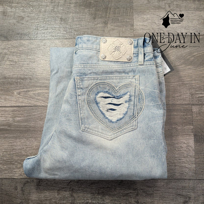 Miss Me Aryanna Heart Cross Slim Wide Leg Jeans Light Wash NWT Size 16 (33X30)