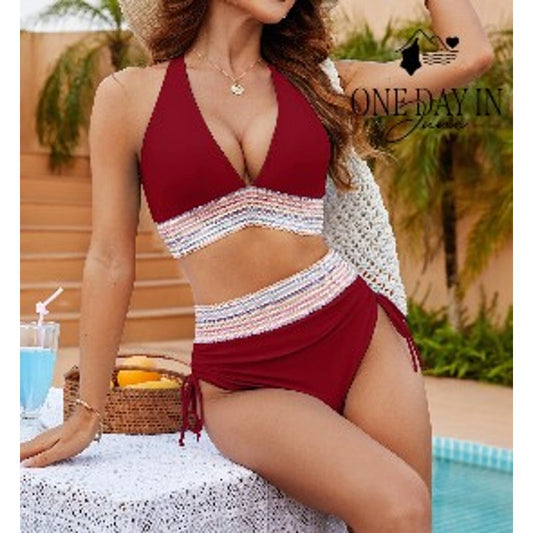 Blooming Jelly Embroidered Band Ruched Tie Side Bikini Swimsuit Size L