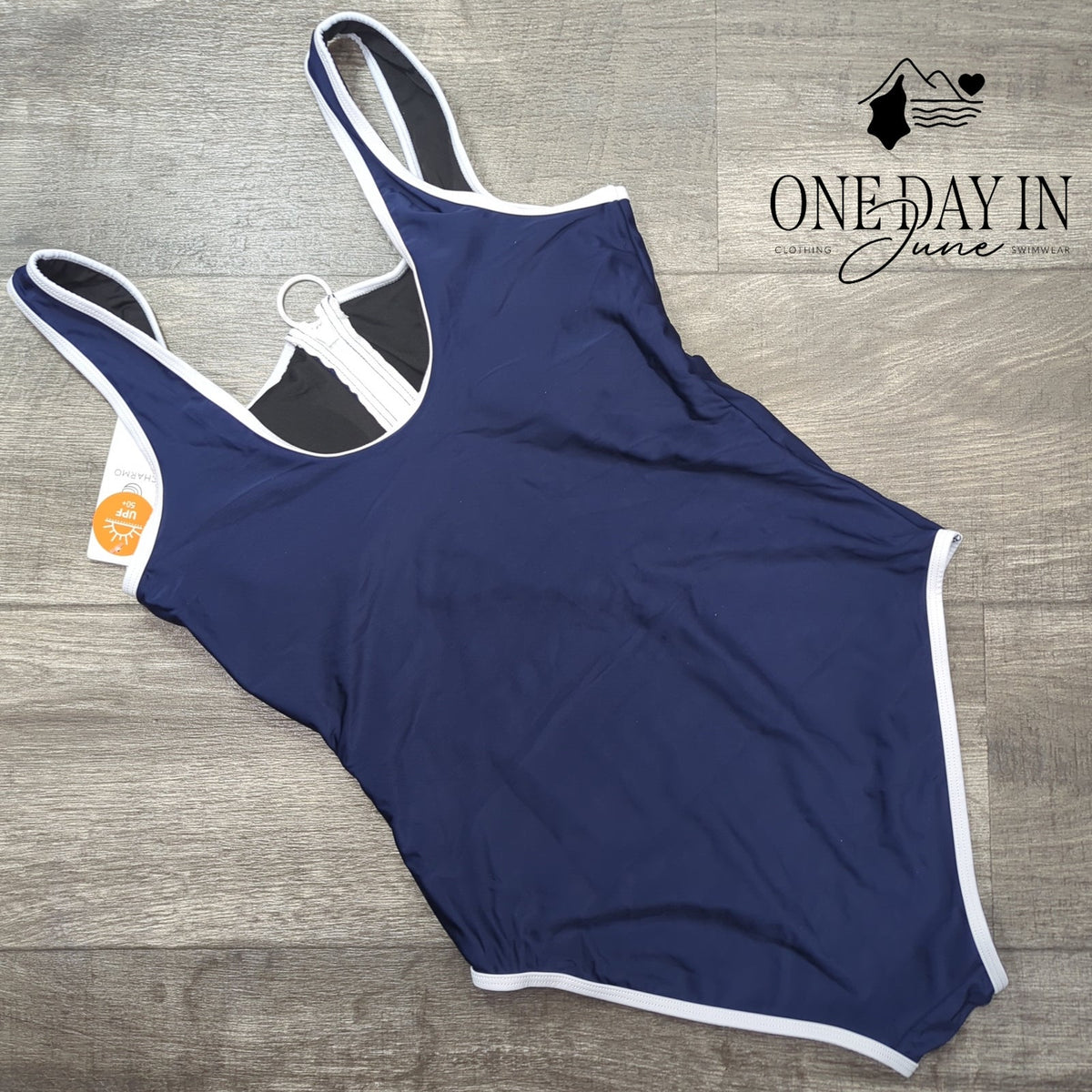 Charmo Half Zip One Piece Swimsuit Navy Blue White Trim NWT Size M