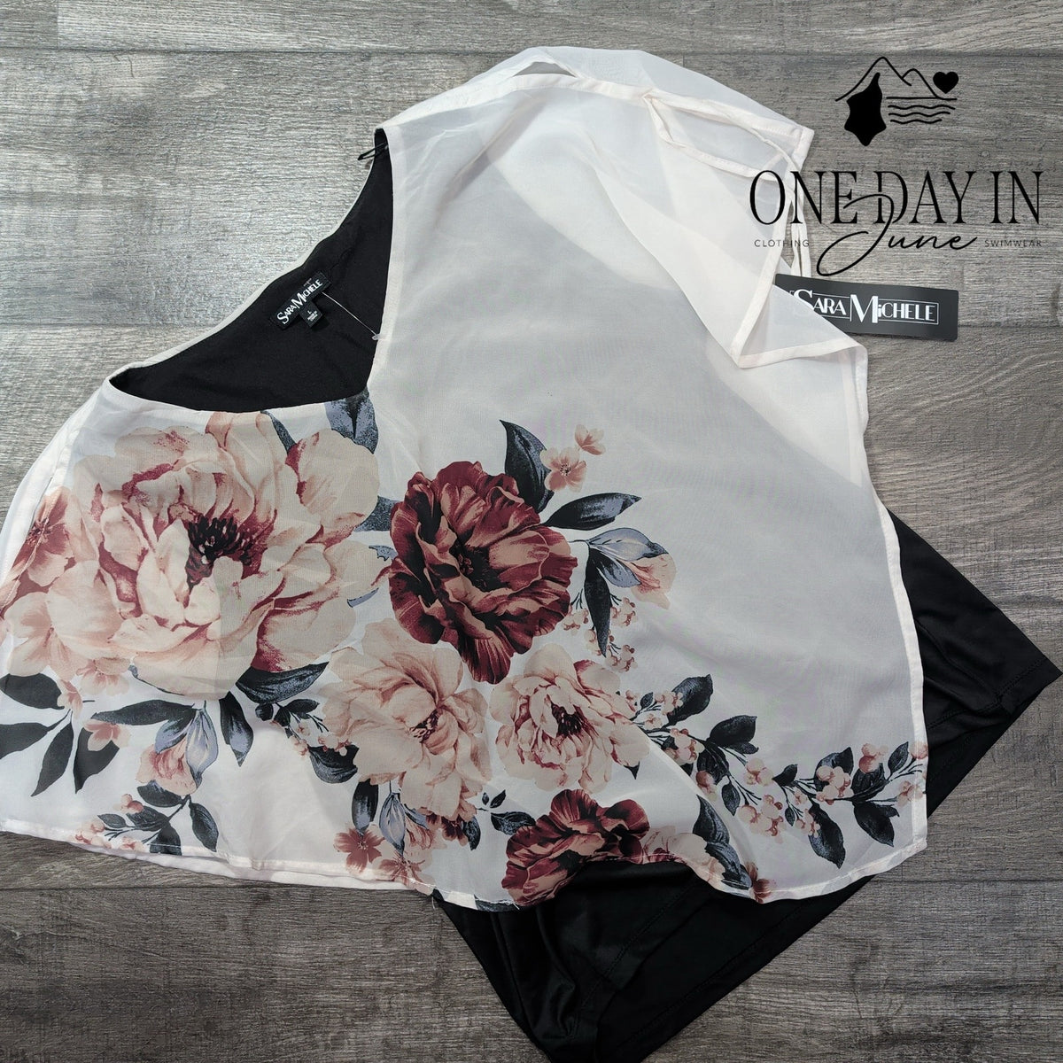 Sara Michelle Layered Floral Chiffon Blouse Black White Pink NWT Size L
