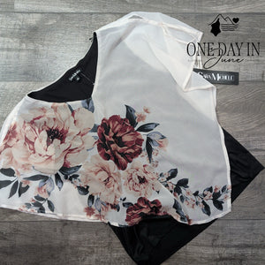 Sara Michelle Layered Floral Chiffon Blouse Black White Pink NWT Size L