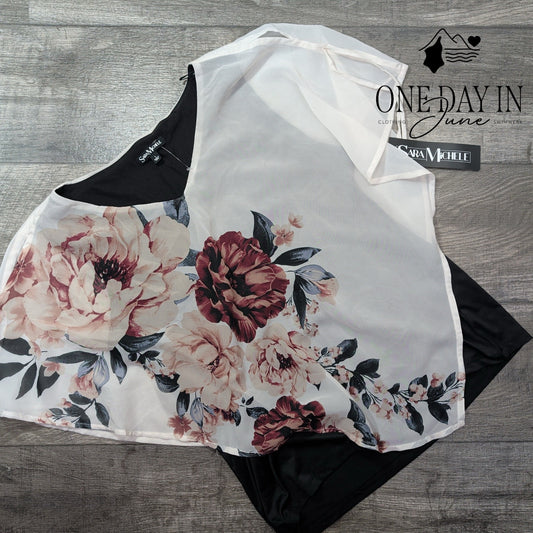 Sara Michelle Layered Floral Chiffon Blouse Black White Pink NWT Size L