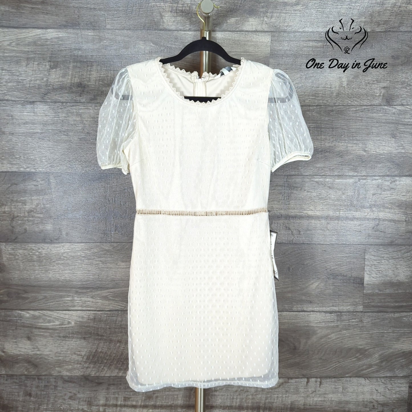 Speechless Swiss Dot Mesh Mini Dress Natural Puff Sleeve Lace Trim NWT Size S