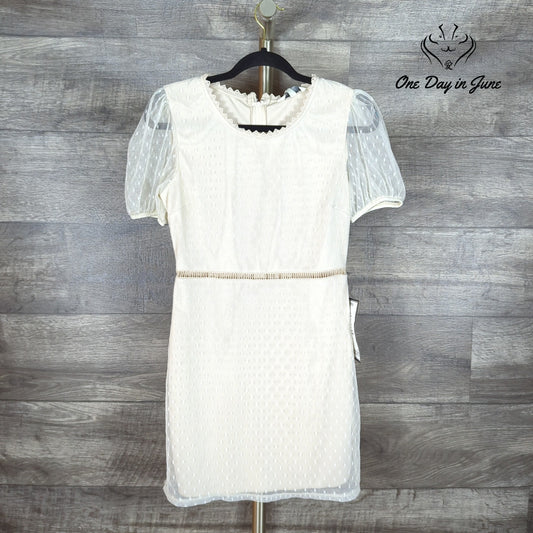 Speechless Swiss Dot Mesh Mini Dress Natural Puff Sleeve Lace Trim NWT Size S
