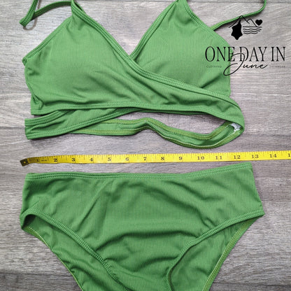 CharmLeaks Girls Cross Front Ribbed Bikini Swimsuit Green Size 15-16