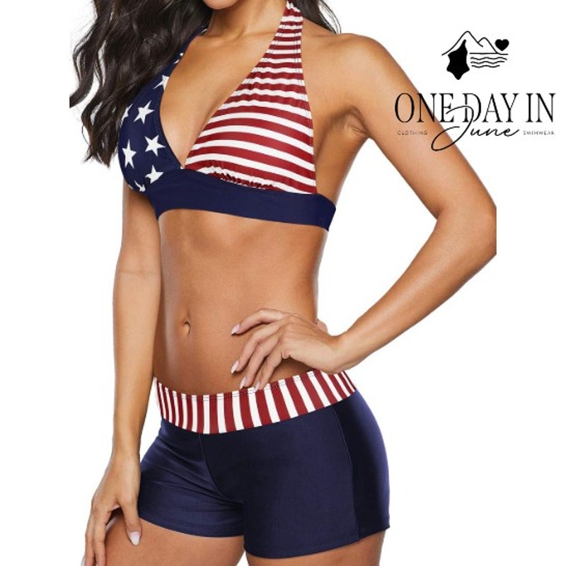 Adisputent American Flag Halter Bikini Swimsuit Boyshorts Red Blue Size L
