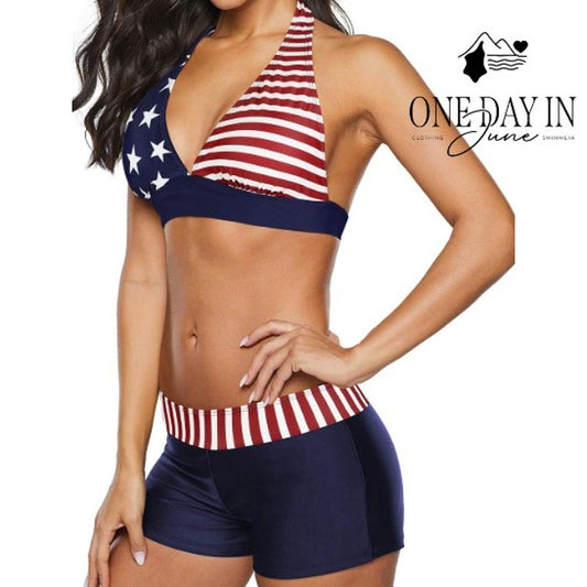 Adisputent American Flag Halter Bikini Swimsuit Boyshorts Red Blue Size L