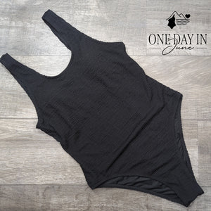 Aleumdr Smocked One Piece Swimsuit Black Scoop Neck Textured Size XL