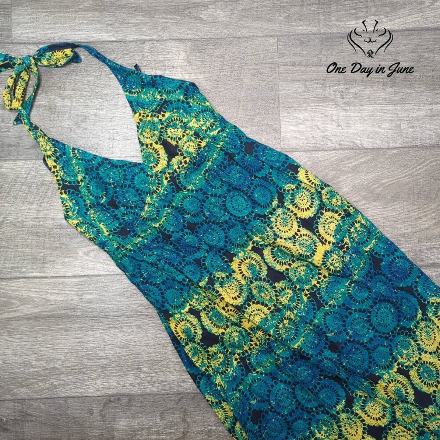 Old Navy Y2K Halter Maxi Dress Blue Green Yellow Linen Blend Boho Size XS